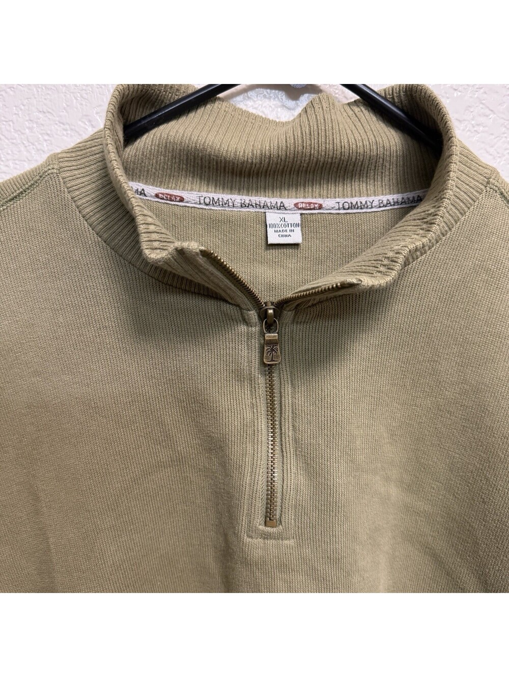 Vtg Tommy Bahama Quarter Zip Pullover Mens XL Olive Green 100% Cotton Sweater